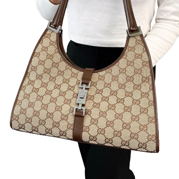 GUCCI Vintage GG Monogram Jackie Shoulder Bag Brown Beige Silver Canvas [105286] - Picture 4 of 11